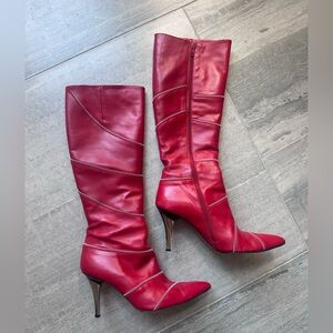VINTAGE Red Leather Stiletto Knee-High Boots